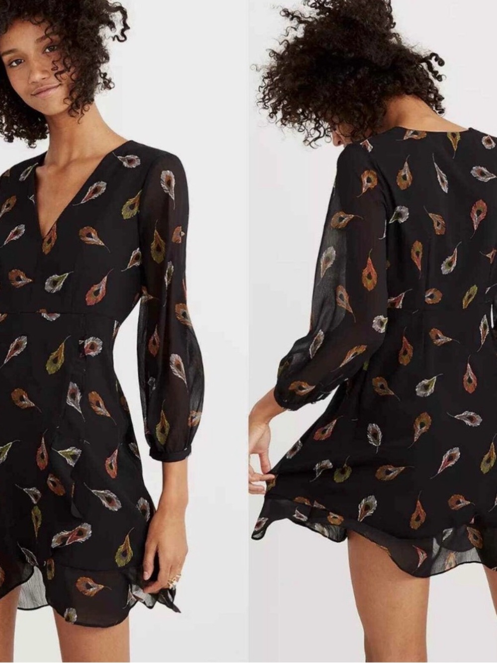 Madewell Black Mini Dress with Multicolor Feather Print